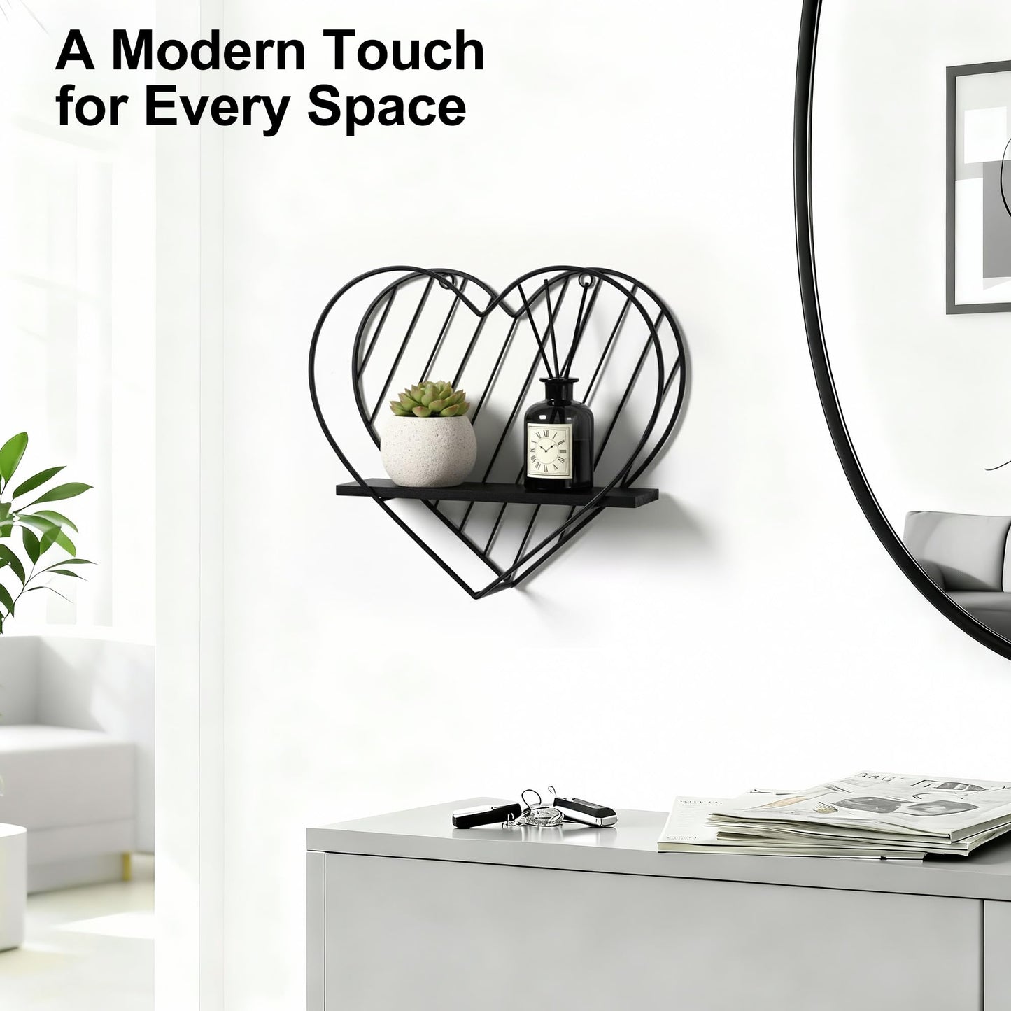 Afuly Floating Shelves - Black Wall Shelf, Heart Shaped Modern Minimalist Storage Rack Organizer for Bedroom, Bathroom, Living Room Home Decor