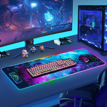 ToLuLu Wireless Charging RGB Gaming Mouse Pad, 15W LED Mouse Mat with 30W Charger, 14 Light Modes Large Mousepad with Wrist Support, Non-Slip Rubber Base Desk Mat Computer Keyboard Pad, Galaxy Nebula