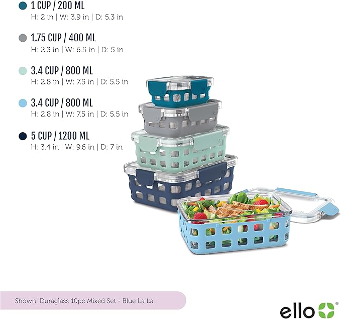Ello Duraglass Mixed Meal Prep Sets Leak-Proof Glass Food Storage Containers