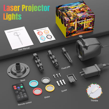 Christmas Laser Lights Projector Outdoor with 4 Dynamic Slides, 2-in-1 Moving RGB Firefly Laser Lights with Remote,Timer, Landscape Holiday Porjector for Window Wall Xmas Decor