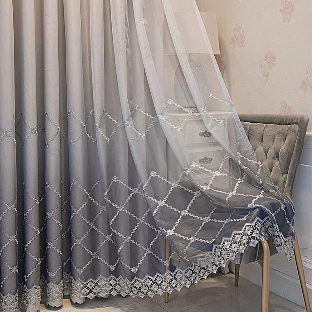 Amidoudou 1 Pair Double Layer Geometric Curtains for Living Room Gradient Diamond Pattern Embroidered Curtains for Bedroom (Grey,54x90 Inch)