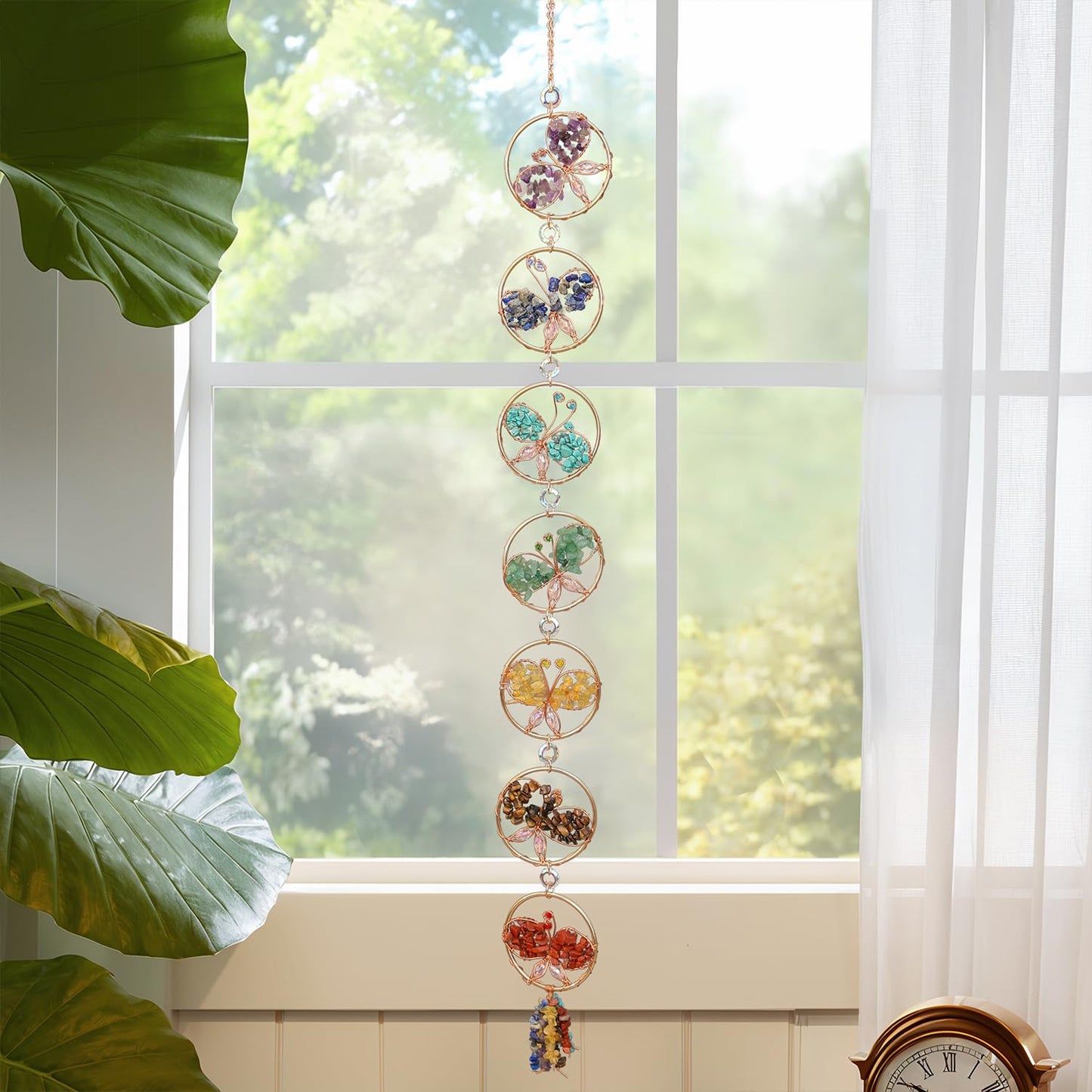 7 Chakra Healing Crystals Hanging Ornament，Handmade Butterfly Natrual Chakra Stones Gemstones Wall Hanging Ornaments for Home Decor Yoga Meditation(7 Chakra Butterfly)