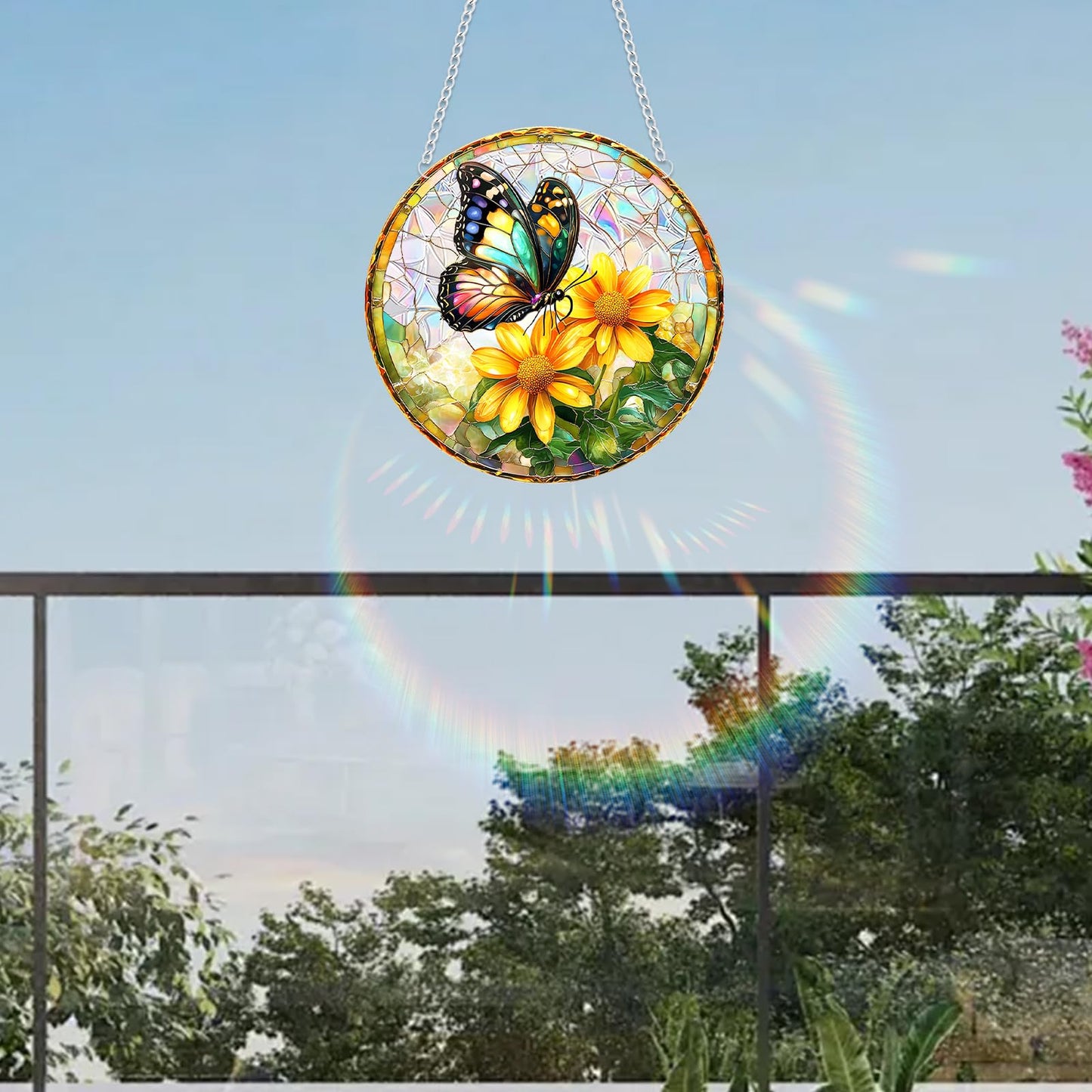 zhuoyaju Acrylic Suncatcher Window Hanging, Butterfly & Flower Sun Catcher Rainbow Indoor Window Decoration for Living Room Bedroom Summer Home Balcony Ornaments, 7.87 inches