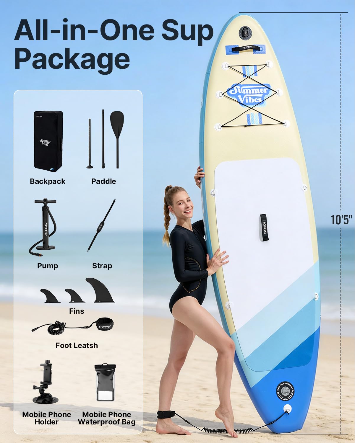 YOTTOY Inflatable Stand Up Paddle Board,Stable Lightweight 10' SUP with Non-Slip EVA Deck, Premium Paddleboard Accessories, Three-Fin System & Carry Bag,All-Around Inflatable SUP (Sky Blue)