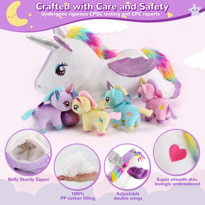gnomantic 5 Pieces Unicorn Stuffed Animals - 1 Mommy Stuffed Unicorn with 4 Babies - Unicorns Gifts for Girls Ages 3 4 5 6 7 8, Unicorns Plush Toys for Christmas, Valentine's, Birthday Gifts (Purple)