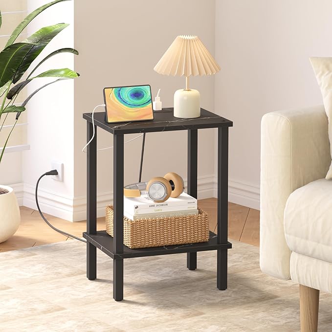 TUTOTAK End Table with Charging Station, Small Side Table, Nightstand Bedside