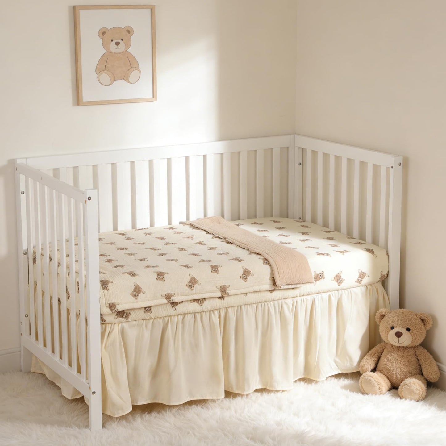 Organic Cotton Muslin Baby Crib Bedding Set 3 Piece Soft for Infant Newborn Toddler Boys Girls 52"x28", Nursery Bed Quilt Set Decor with Fitted Crib Sheet, Boho Quilted Comforter Blanket, Bed Skirt