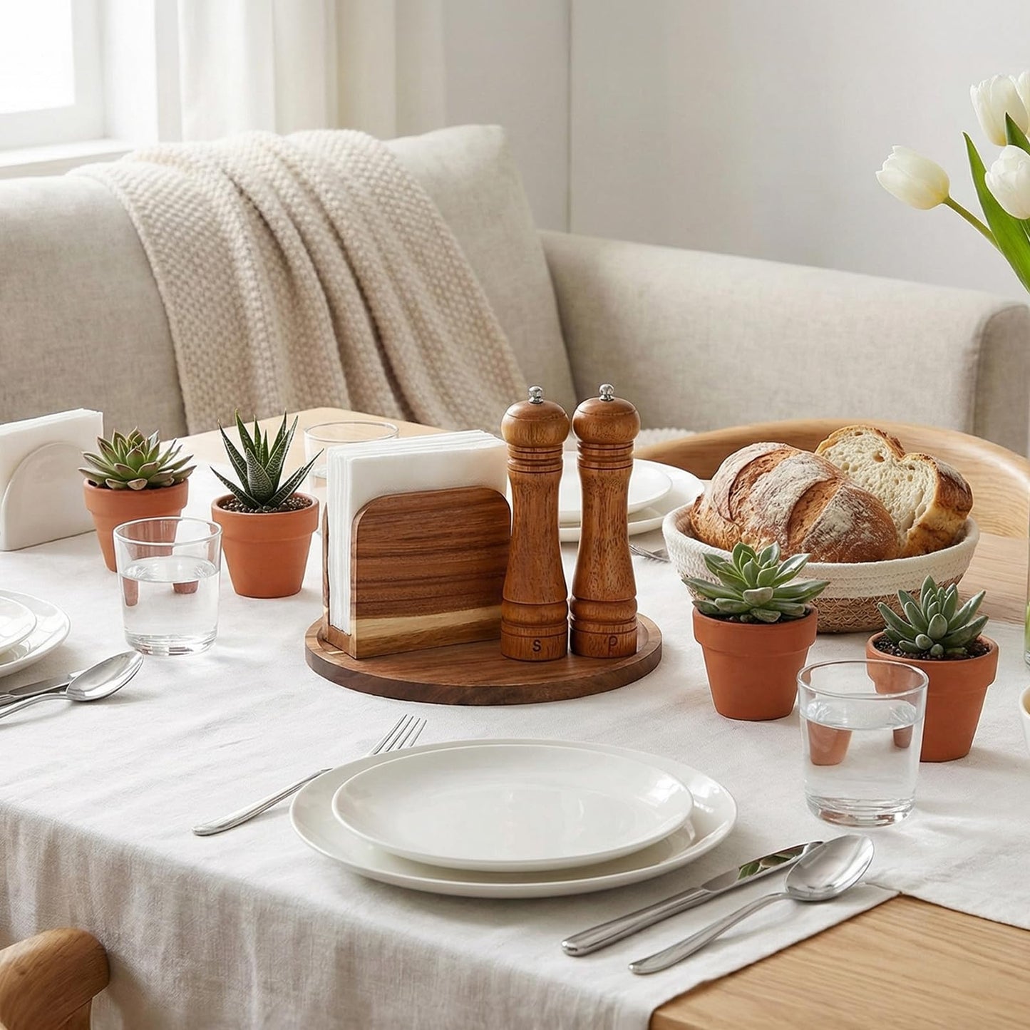 4 Pcs Rustic Farmhouse Decor Set Acacia Wooden Napkin Holder Salt and Pepper Shakers and 12" Round Wood Tray Spice Rack Table Tray for Kitchen Countertop Dining Table Centerpieces(Brown)