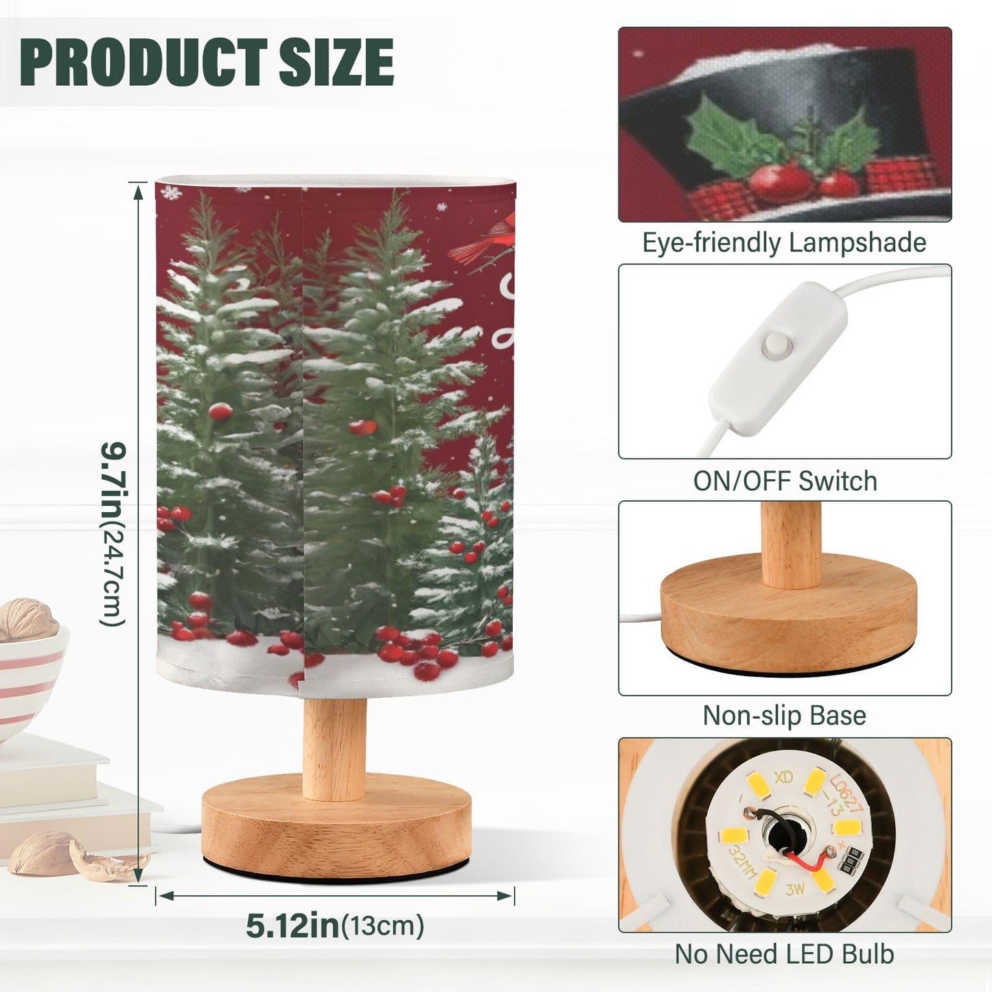 Dussdil Christmas Snowmen Cardinals Trees Table Lamp Bedroom Bedside Night Reading Desk Lamps Cylinder Nightstand Sleeping Light Lamp for Xmas Party Living Room Office Decor