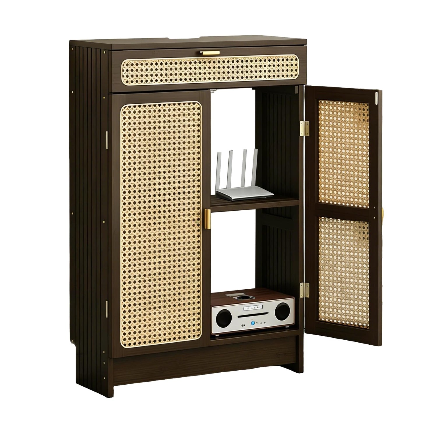 Jueraori WiFi Router Storage Cabinet with Adjustable Shelves, 2-Tier Standing Bamboo Cabinet with Rattan Doors and Drawer, Power Strip Cable Management Hider Rack for Home & Office(35.4"×19.7"×9.8")