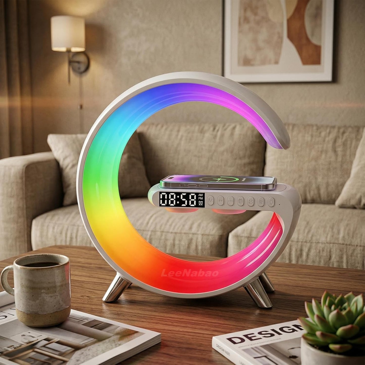 Smart LED Table Lamp,4-in-1 Wireless Charger with Speaker,Night Light, Alarm Clock, and Bluetooth Speaker with App Control, Ideal Gifts for Home, Office, Christmas(White)