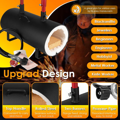 Propane Gas Forge, Double Burner Blacksmithing Forge Large Capacity Forge, Oval Propane Burner Forge with 16.85 Inch V-Bit Tongs & Leather Welding Gloves for Farrier, Knife and Tool Making