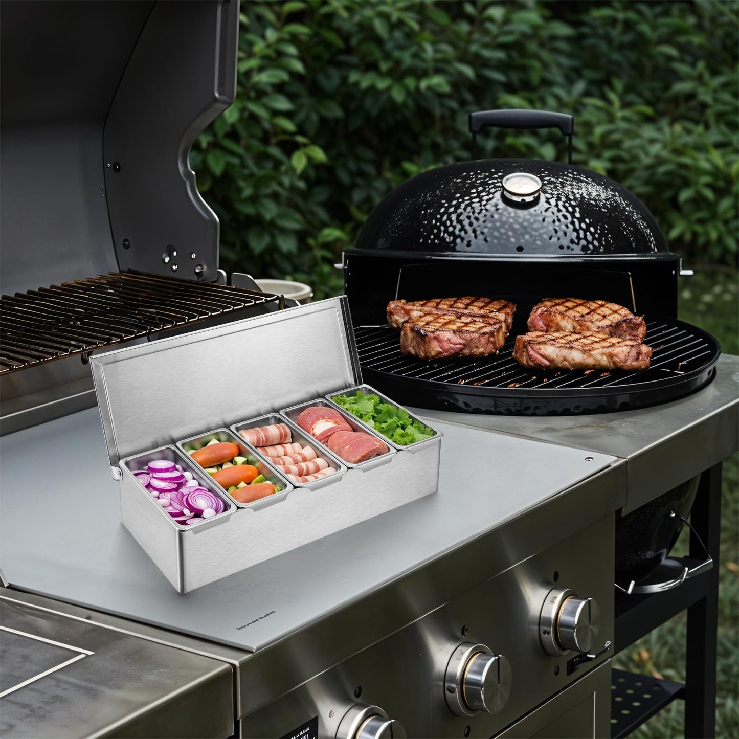 wutfuooo Pizza Topping Station, Condiment Station, Stainless Steel Pizza Topping Station with 5 Removable Containers for Salad Bar and Nacho Bar Topping Station and Grill Table