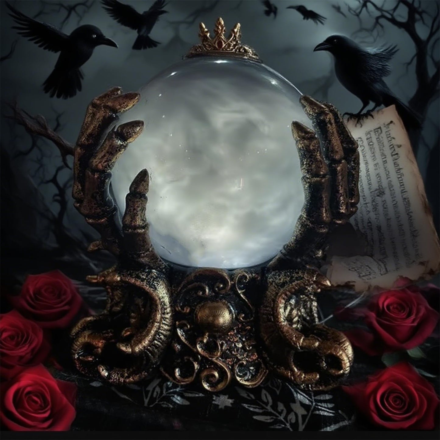LED Lighted Animated Decor Halloween Crystal Ball with Fog,Skeleton Hand Holder Mystic Psychic Centerpiece Haunted House Gothic Decor for Home Party