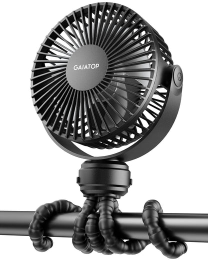 gaiatop Mini Portable Pram Fan, Rechargeable Small Clip on Fan for Stroller, Detachable 3 Speed 360° Rotate Flexible Tripod Handheld Desk Cooling for Car Seat Crib Treadmill Travel Black