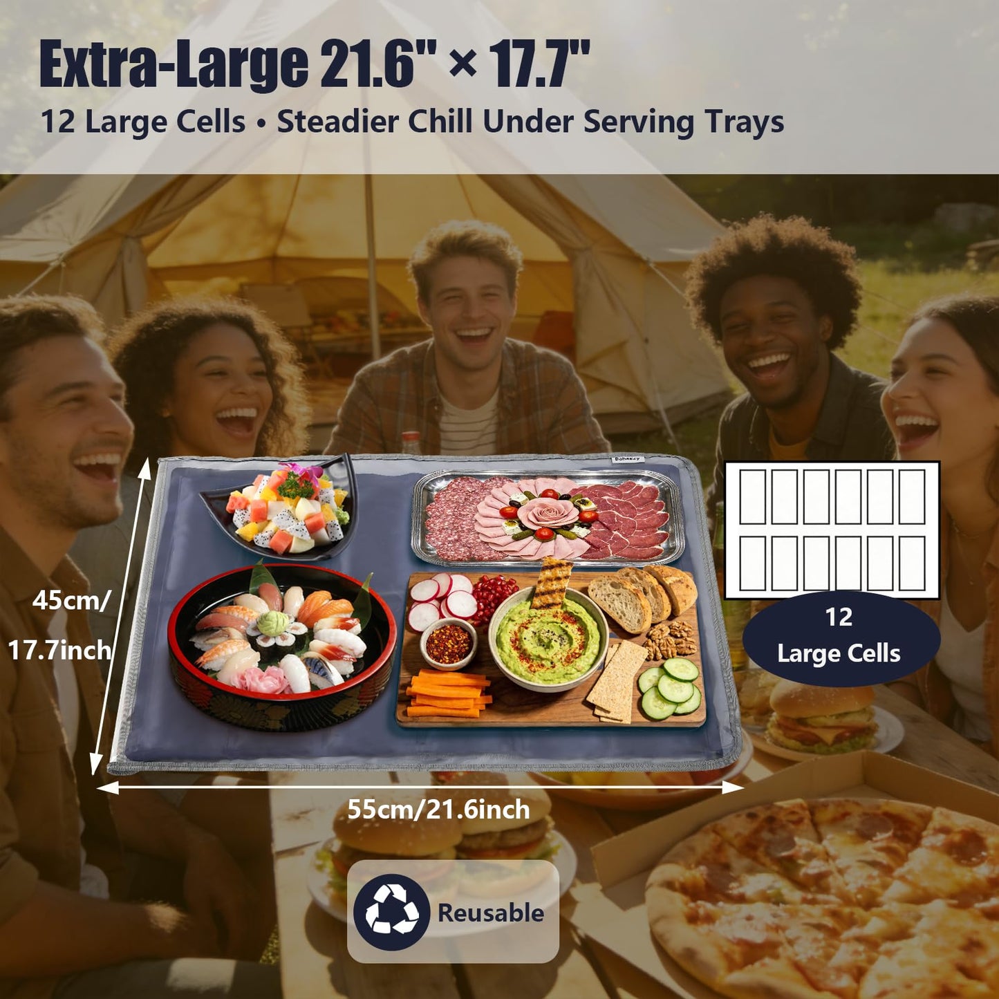 Babeezy 2-Pack Party Mat Chiller Extra-Large Foldable Reusable Cooling Mats with Sleeve 12 Large Cells Buffet Tray Chillers for Charcuterie Tables, Cheese & Deli Meats, Veggie/Fruit Trays, Sushi