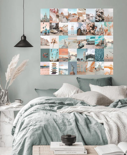 Onivein Peach Teal Wall Collage Kit Aesthetic Pictures, 50Pcs 4 x 6 Inch Blue Aesthetic Picture, Summer Beach Collage Print Kit, Trendy Cute Posters Photo Collage Kit for Dorm Bedroom Decor