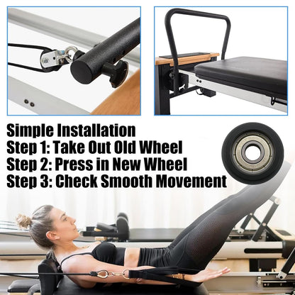 Replacement Roller Wheels Fit for Aero Pilates Reformer Machines Part Easy to Install, Smooth and Quiet Glide (4 Pack, Black)