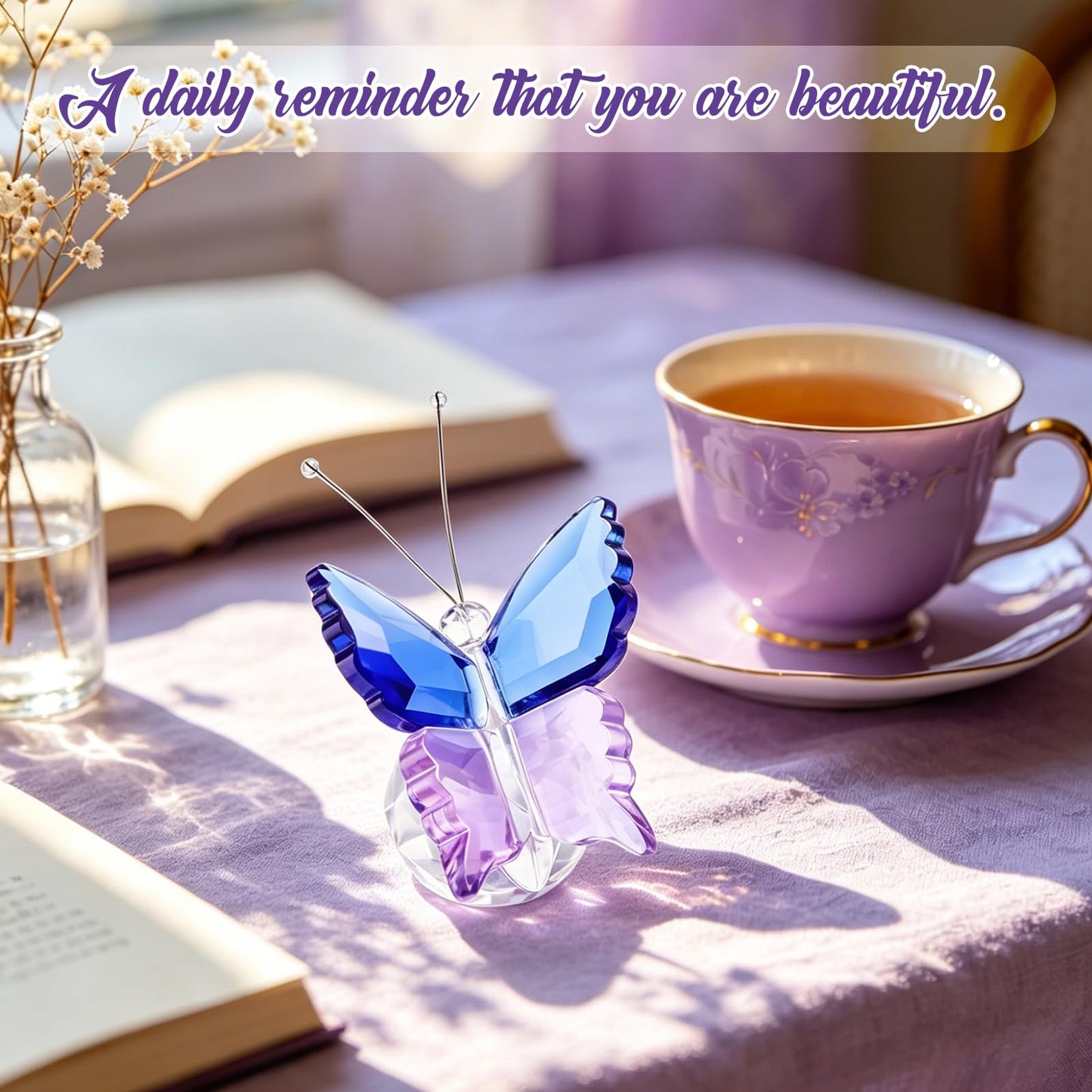 Crystal Butterfly Figurine, "You're Beautiful" Encouragement Gift with Card & Gift Box, Thinking of You Present for Mom Sister, Sympathy Get Well Soon Gift for Women, Blue-Purple Butterfly Decor