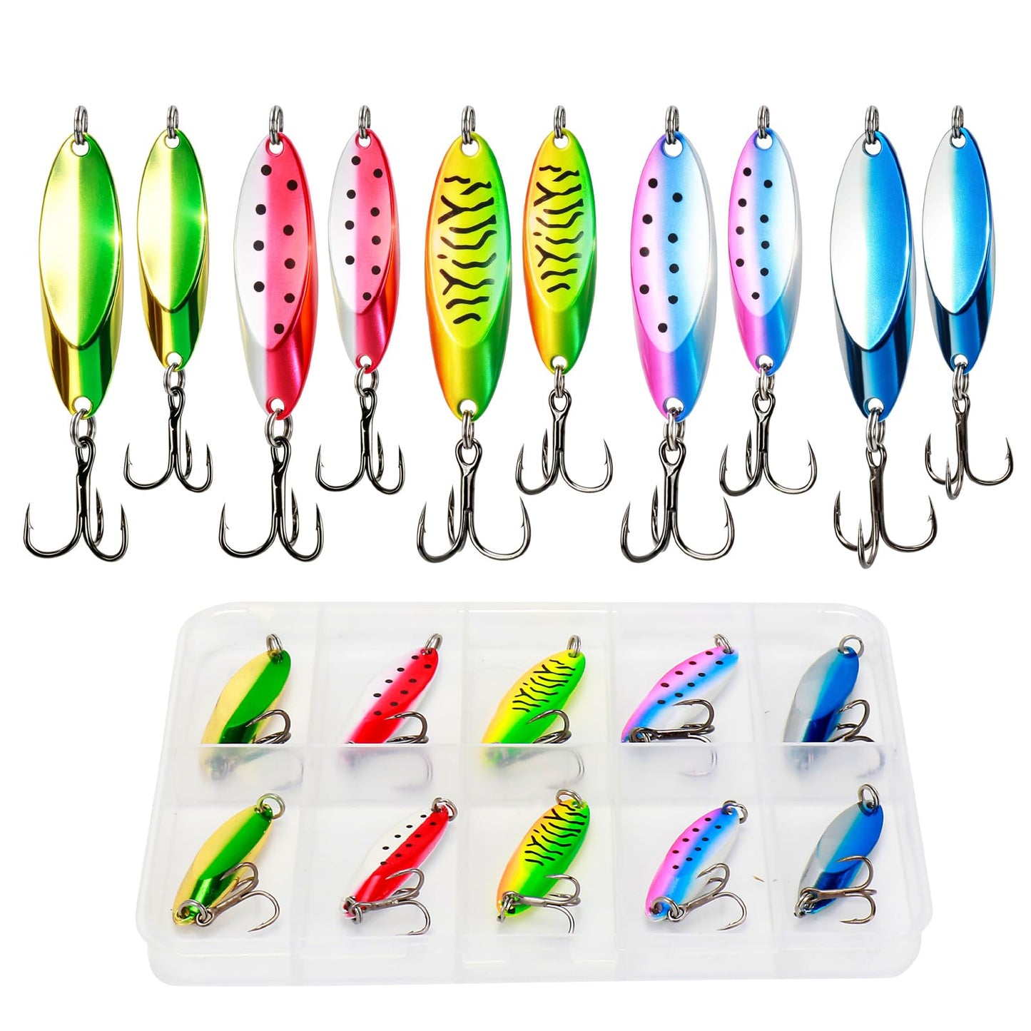 Fableblis 10pcs Fishing Spoons Lures Kits, Trout Saltwater Fishing Lures, 2 Size Casting Metal Spoon with High Flash, Heavy Duty Jigs Lures for Trout Walleye Bass Pike Crappie