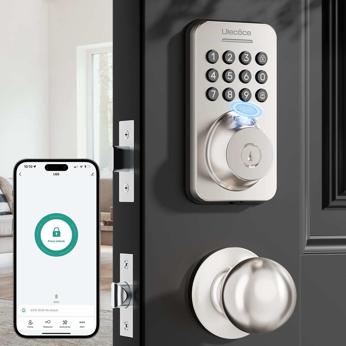 Ulecoce Fingerprint Keypad Deadbolt with Handle Set, Keyless Entry Door Lock, Door Locks for Front Door Lock Set, App Control, Auto Locking, Easy to Install, Satin Nickel