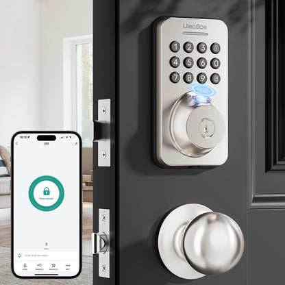 Ulecoce Fingerprint Keypad Deadbolt with Handle Set, Keyless Entry Door Lock, Door Locks for Front Door Lock Set, App Control, Auto Locking, Easy to Install, Satin Nickel