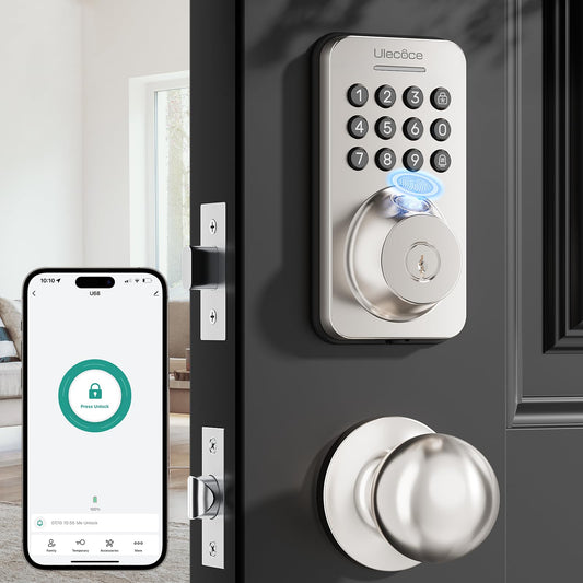 Ulecoce Fingerprint Keypad Deadbolt with Handle Set, Keyless Entry Door Lock, Door Locks for Front Door Lock Set, App Control, Auto Locking, Easy to Install, Satin Nickel