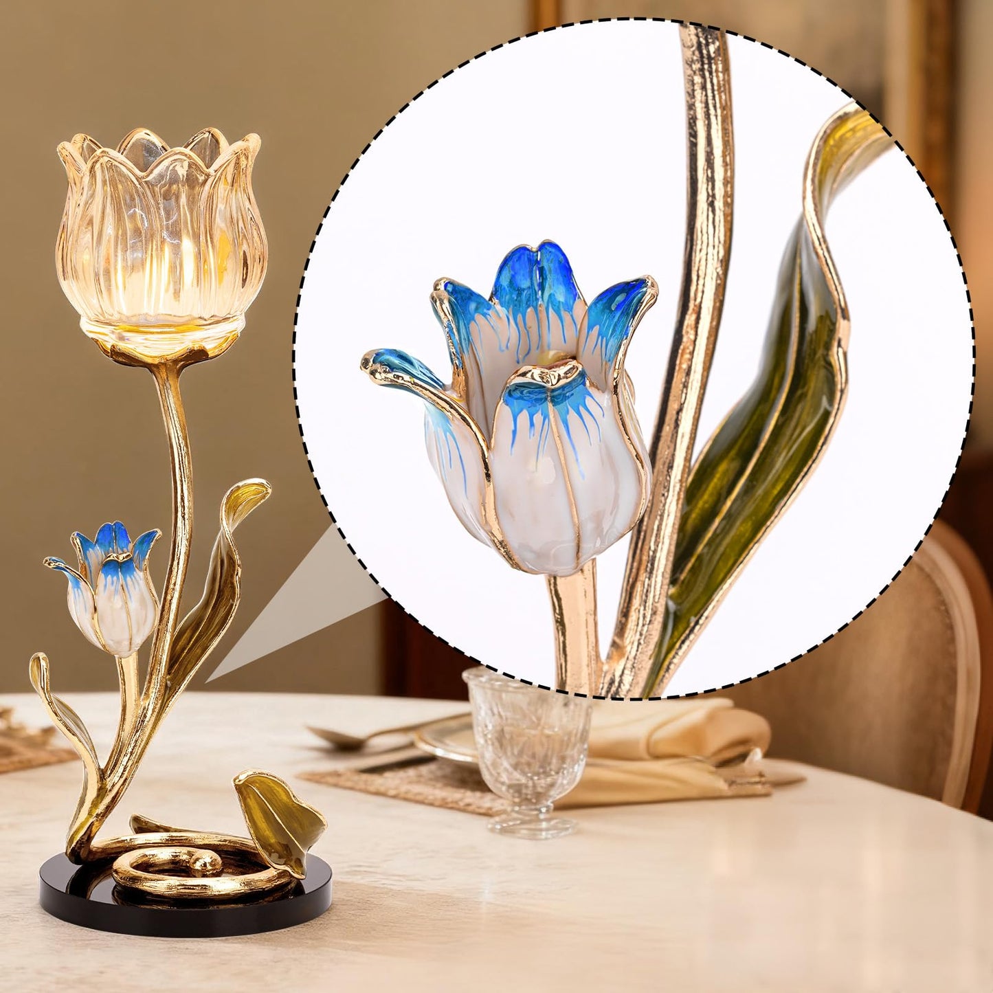 Luxury Crystal Glass Flower Candle Holder – Romantic French-Style Aromatherapy Tea Light Stand, Gold Floral Table Centerpiece for Weddings, Home Decor, Romantic Ambiance