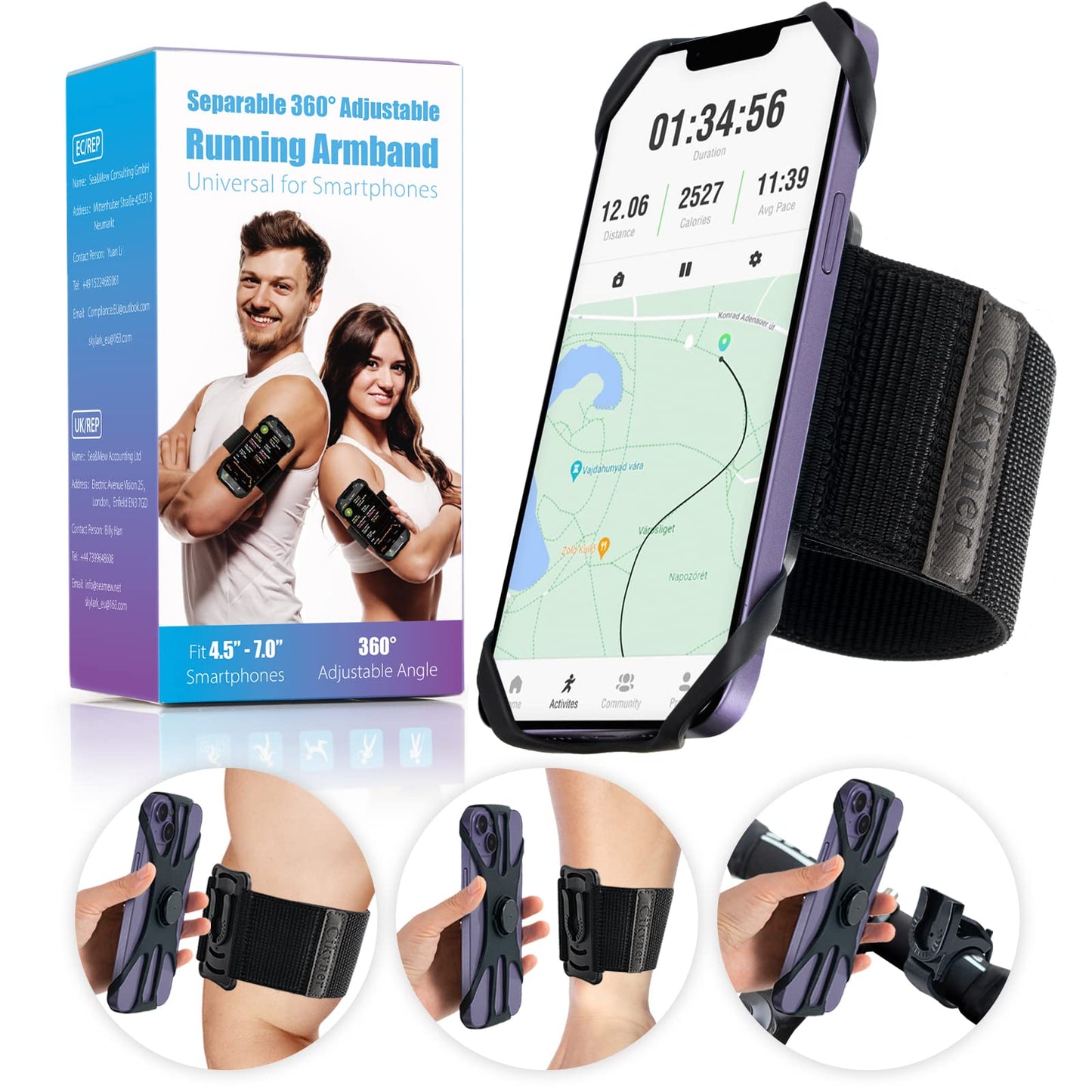 Cikyner Running Armband, Upgraded 3 in 1 Running Phone Holder Sports Armband Bicycle Phone Holder 360° Rotatable & Detachable Running Phone Armband for 4.5-7'' iPhone for Gym Running Hiking