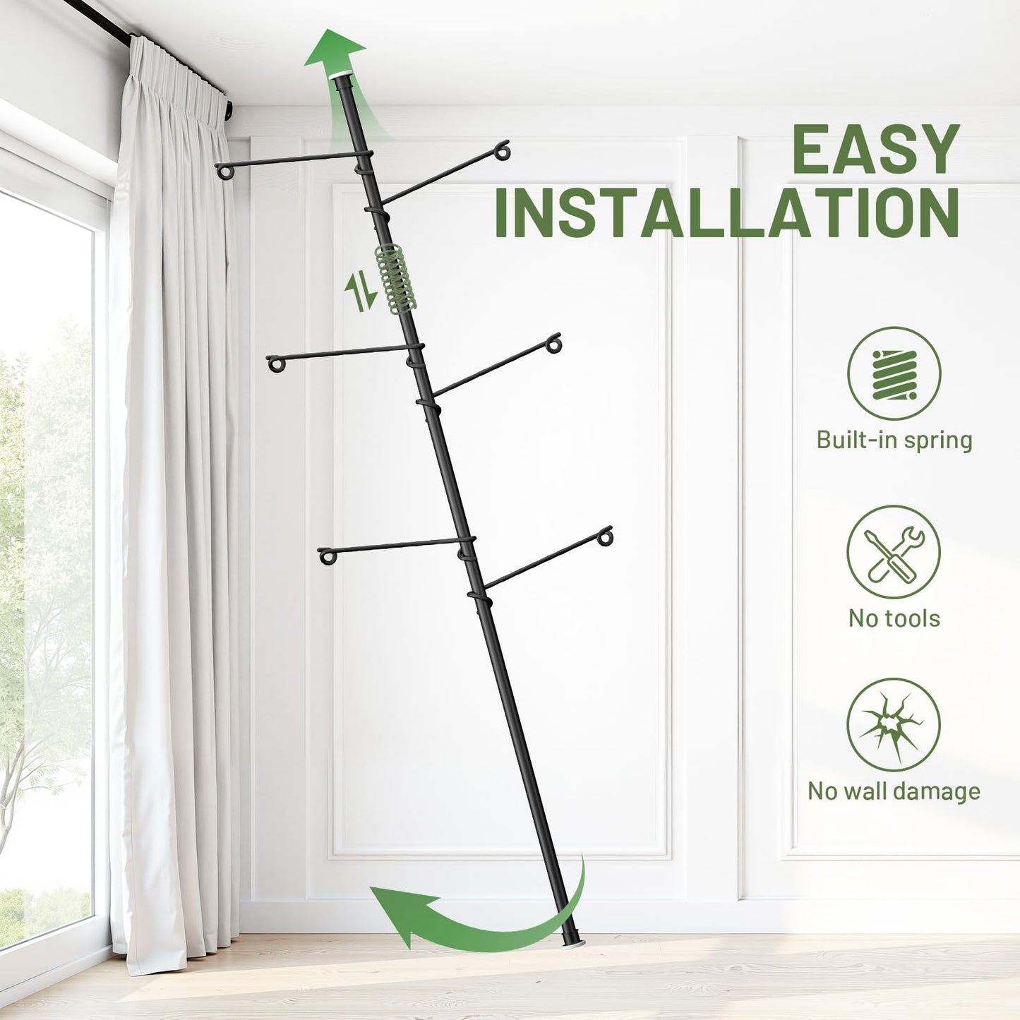 Zononoca Tension Rod Plant Stand, Plant Poles for Hanging Plants Indoor, Metal Floor to Ceiling Hanging Plants Stand, Tension Pole Plant Stand with 6 Hooks (Fit 3.6-10ft)