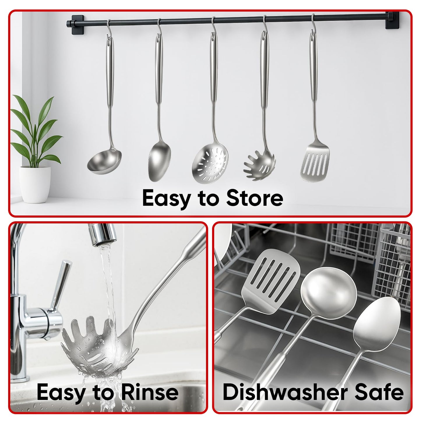 5 Pcs Newness Cooking Utensils Set, 304 Stainless Steel Kitchen Utensils Set, Metal Kitchen Accessories, Include Soup Ladle, Slotted Skimmer Spoon, Spaghetti Spoon and Spatula, Dishwasher Safe