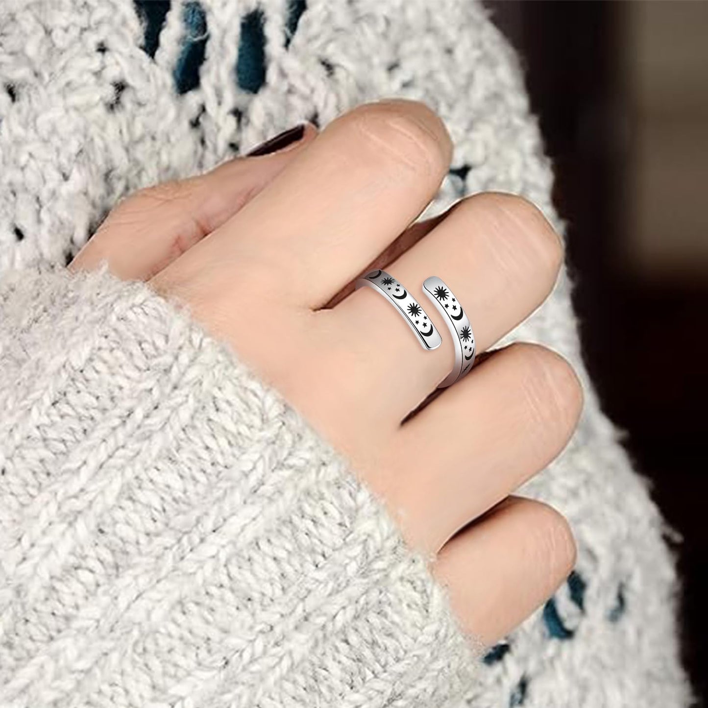 925 Sterling Silver Inspirational Jewelry Adjustable Wrap Open Ring Encouragement Gift for Women (Sun & Moon - Believe in you like I do)