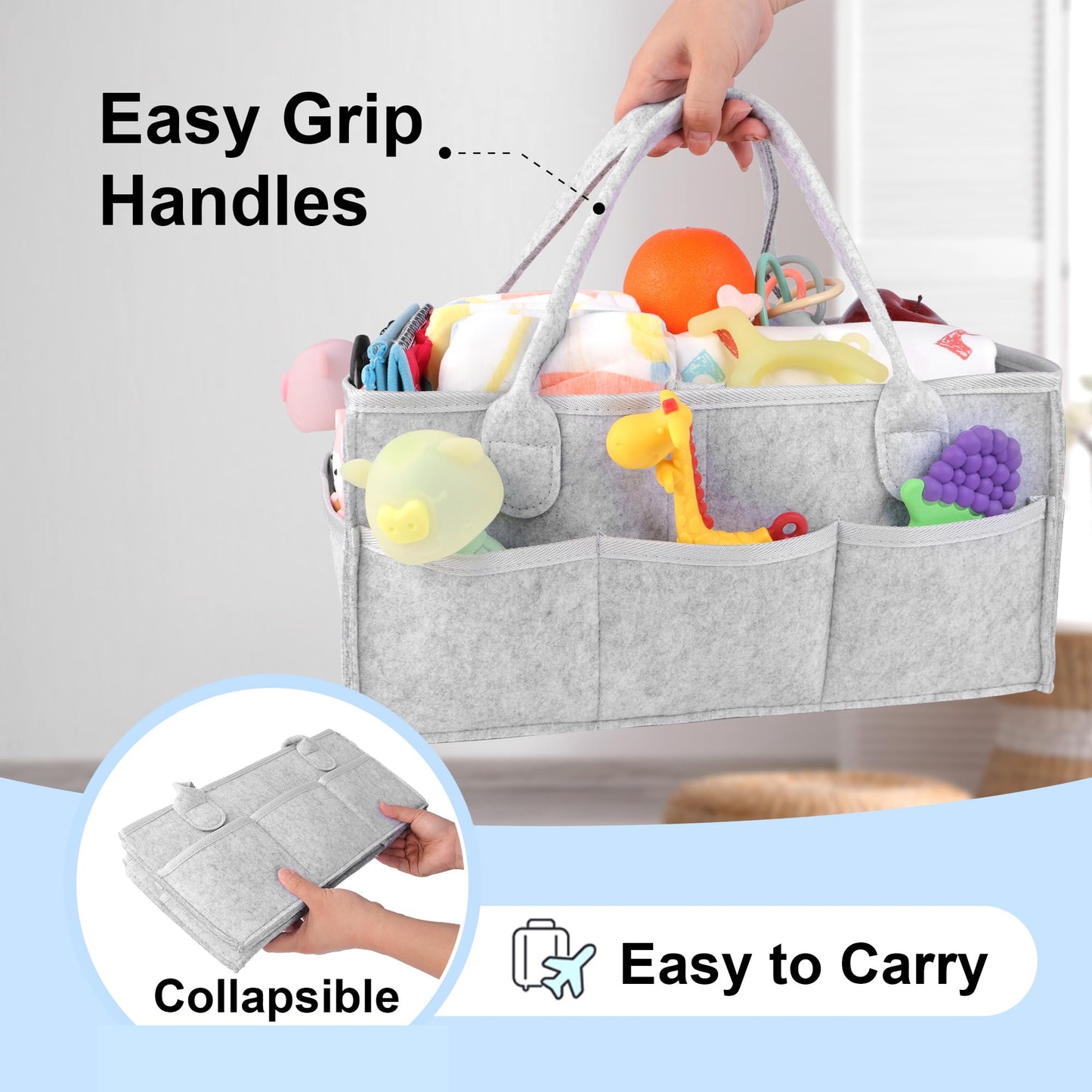 PHILORN Diaper Caddy Organizer, Baby Diaper Caddy with Dividers, Car Diaper Caddy, Diaper Caddy for Changing Table,Felt Diaper Caddy Organizer with Handle, Baby Shower Gifts, Gray