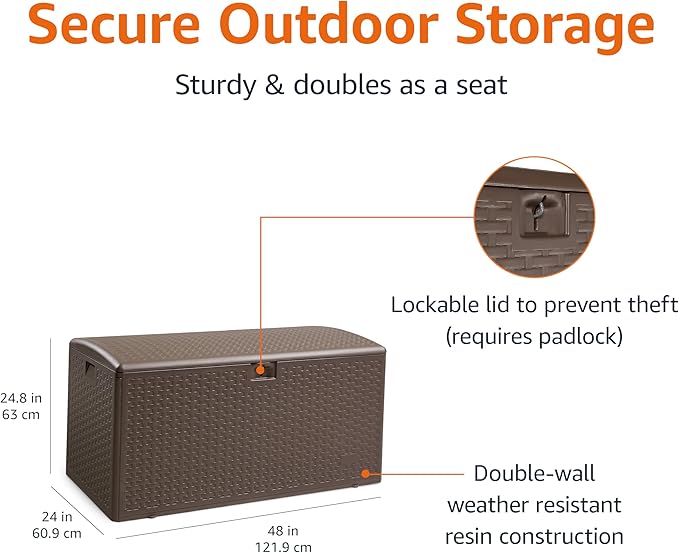 Amazon Basics Outdoor Storage Deck Box, Lockable, Weather-Resistant, 99 Gallon, Brown, for Patio Cushions, Gardening Tools, Pool Accessories