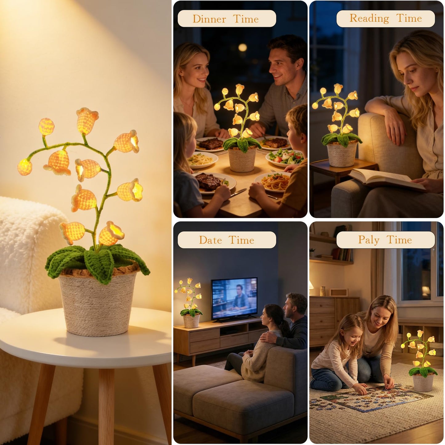 AVEKI Lily of Valley Lamp, Handmade Crochet Artificial Flower Lamp with Warm Light, Cute Desk Lamp for Bedroom, Battery Power Decor LED Night Light, Gift for Mom Daughter Girlfriend (Warm) (Yellow)