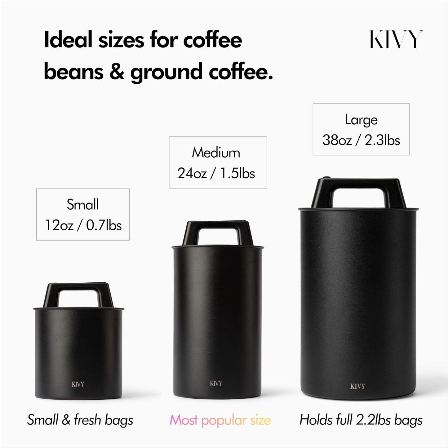 KIVY Vacuum Coffee Canister - Push Lid Preserves Coffee Aroma & Oil - Stainless Steel Airtight Coffee Canister - Container for Ground & Coffee Bean Storage - Coffee Storage Jar - Removes Excess Air