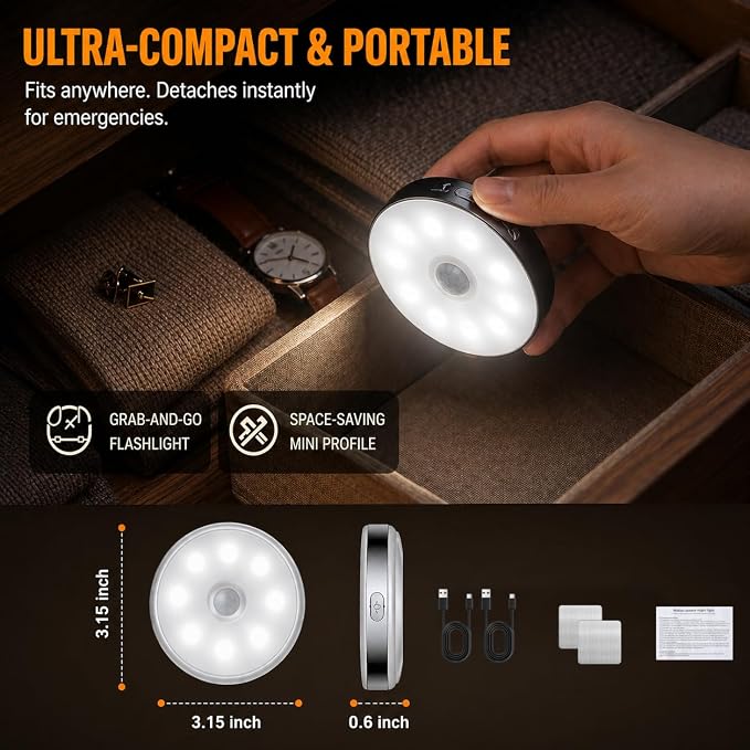 Motion Sensor Night Light Rechargeable, Magnetic Puck Lights, 3 Modes & Dimmable, Motion Sensor Stair Lights Indoor for Bedroom Bathroom Kitchen Hallway Cruise (White Light)