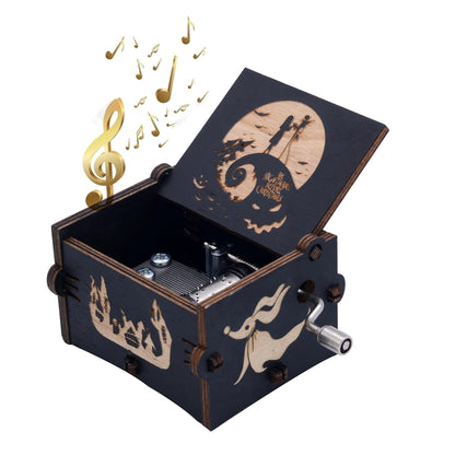 Keast Funny Wooden Hand Crank Music Box, Engraving Nightmare Musical Box Melody Plays This is Halloween Home Decor for Halloween Valentine's Day Christmas