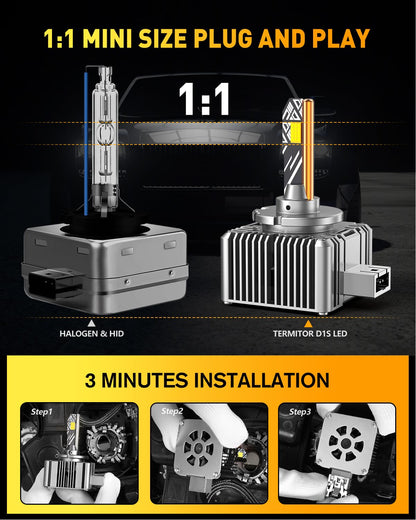 Termitor D1S D1R LED Bulbs, 36000LM 900% Brightness, 6500K Cool White, 1:1 D1S HID Bulb size, Plug and Play Xenon HID Replacement Bulbs, Pack of 2