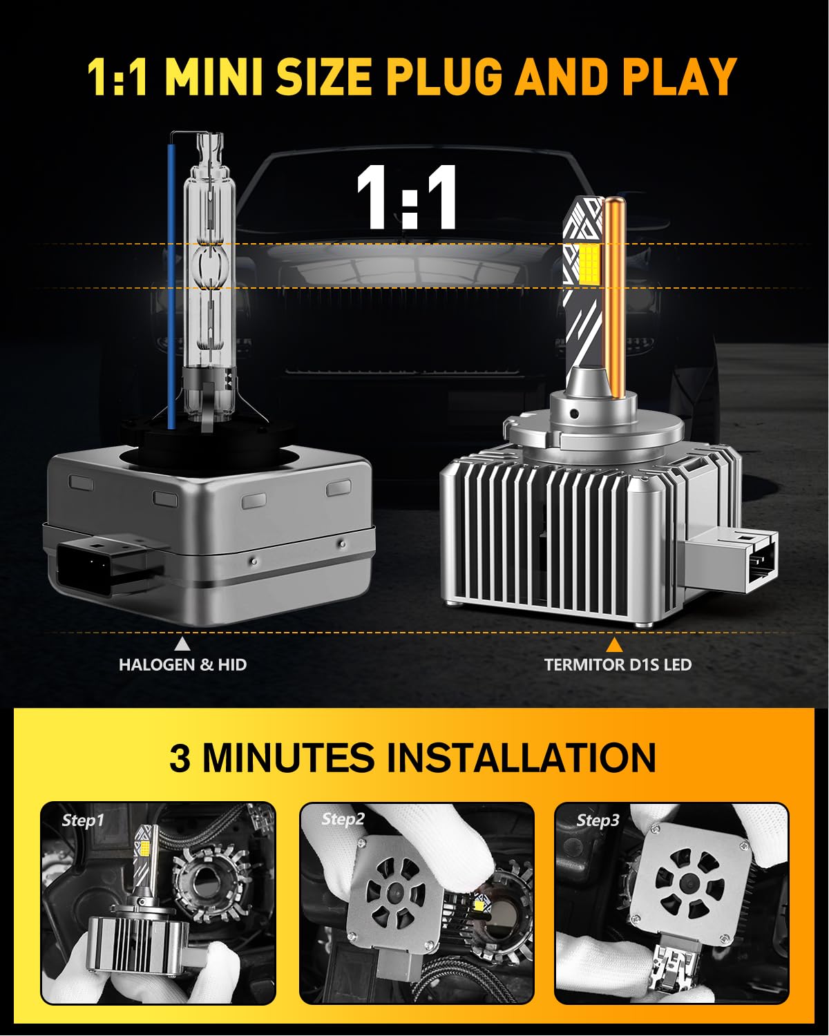 Termitor D1S D1R LED Bulbs, 36000LM 900% Brightness, 6500K Cool White, 1:1 D1S HID Bulb size, Plug and Play Xenon HID Replacement Bulbs, Pack of 2