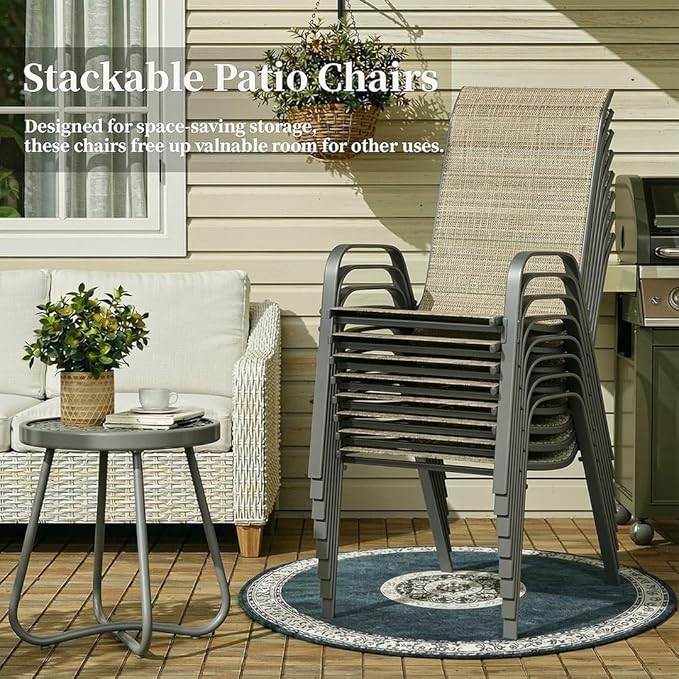 MAMIZO Patio Dining Chairs, Stackable All Weather Teslin Chair, Heavy Duty Outdoor Breathable Chairs Set, w/Armrests, Upgraded Chair FeetW/Strenthened Iron Spacers, 330 LBS (8, Brown)