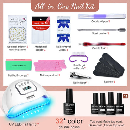 JODSONE Gel Nail Polish Kit with U V Light 32 Colors Gel Polish Nail + 4 Functional Adhesive Bottles Kit Soak Off Manicure Tools Gifts for Women