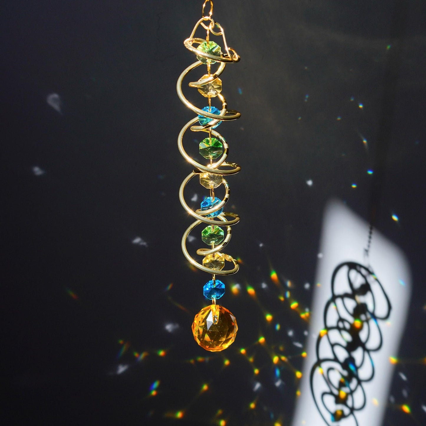 H&D HYALINE & DORA Glass Gazing Ball Spiral Tail Decorative Sun Catcher,20.5in Rainbow Maker Double-Spiral W/Yellow Crystal Ball Prism Sun Catcher for Indoor Outdoor Garden Decoration