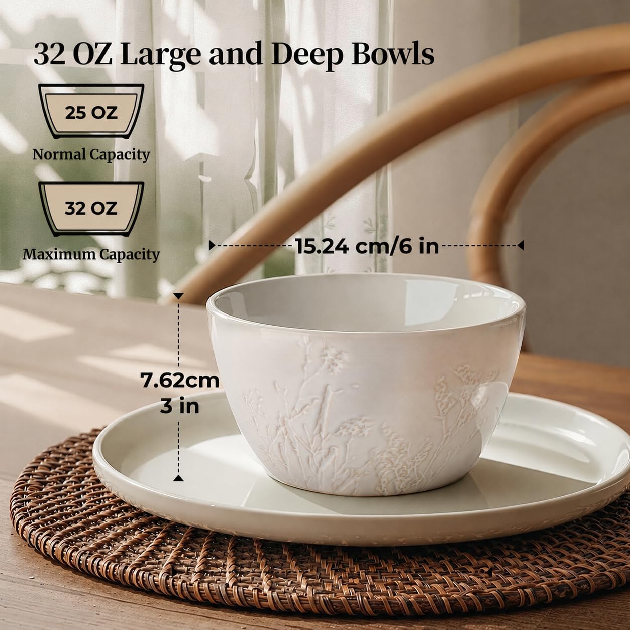 DOWAN 32 OZ Cereal Bowls – Ceramic Bowls Set of 4, Large Soup Bowls for Cereal, Ramen, Pho, Pasta & Salad Bowls – Stackable Soup Bowls, Microwave & Dishwasher Safe