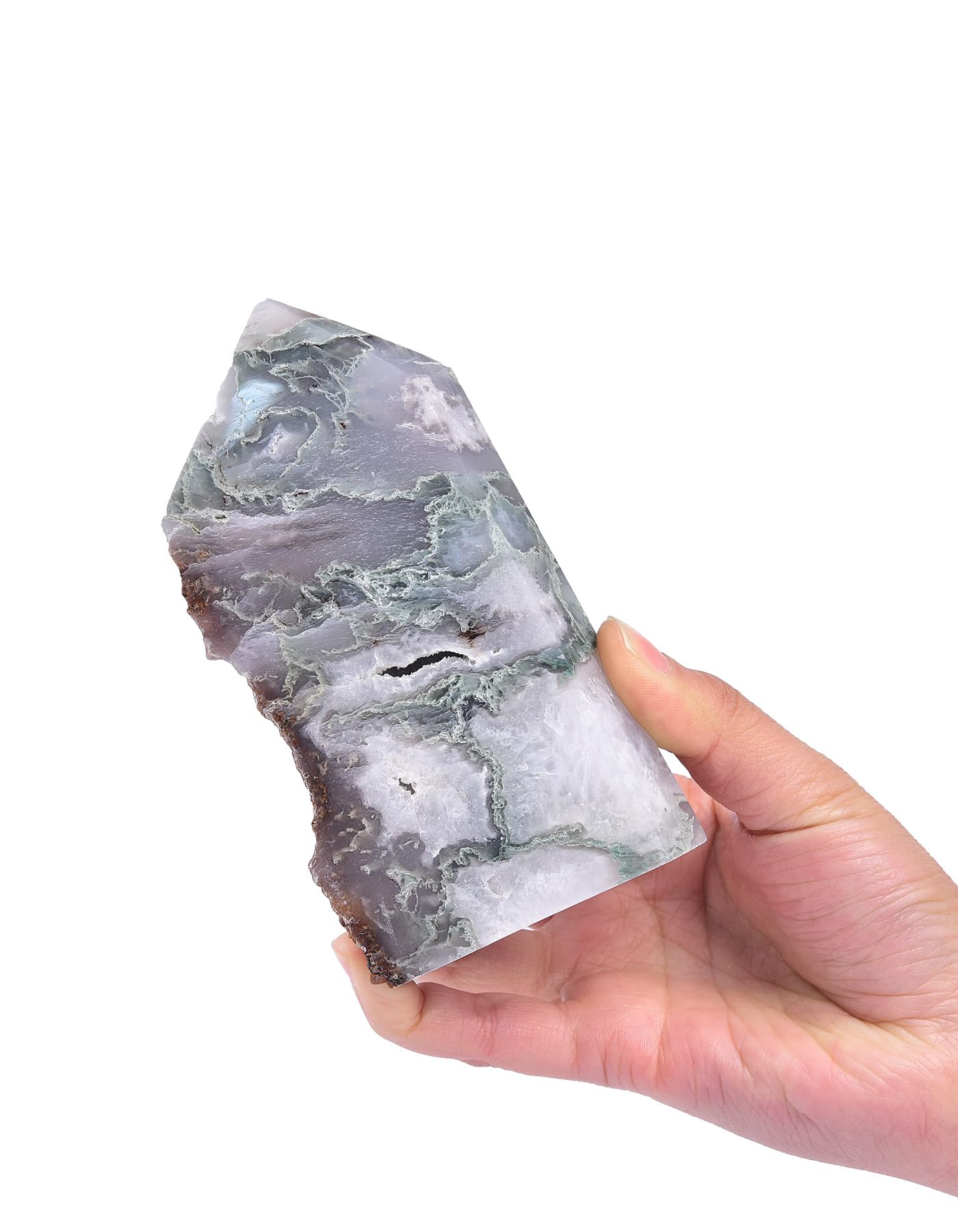 AMOYSTONE Moss Agate Crystal Point - 0.8-1.3 lb Natural Stone Carving for Meditation & Spiritual Decor