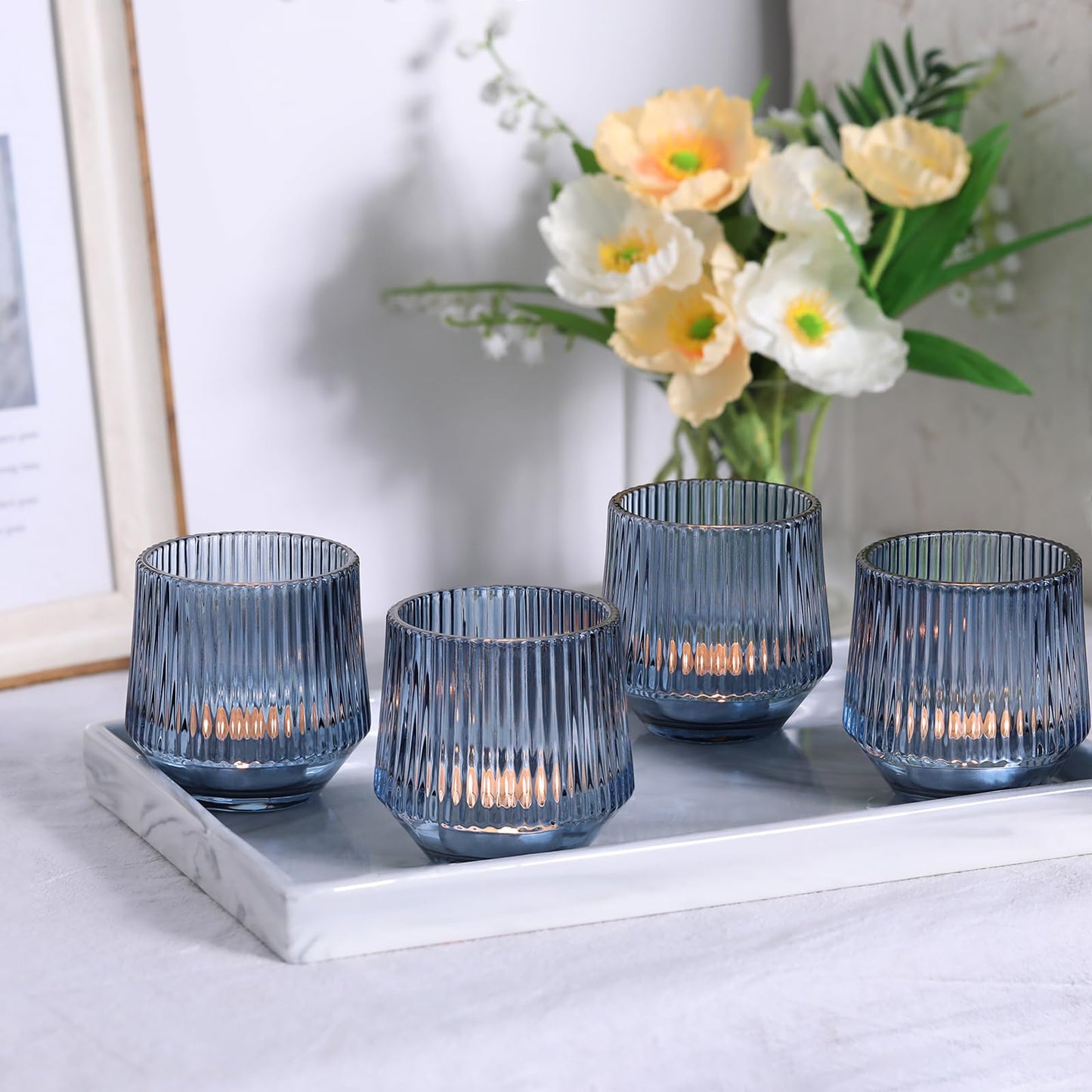 12 Pcs Large Blue Votive Candle Holders for Table Centerpieces- 3.15"×3.15" Ribbed Tea Candle Holders for Dusty Blue Wedding Decor, Bridal Shower Decorations