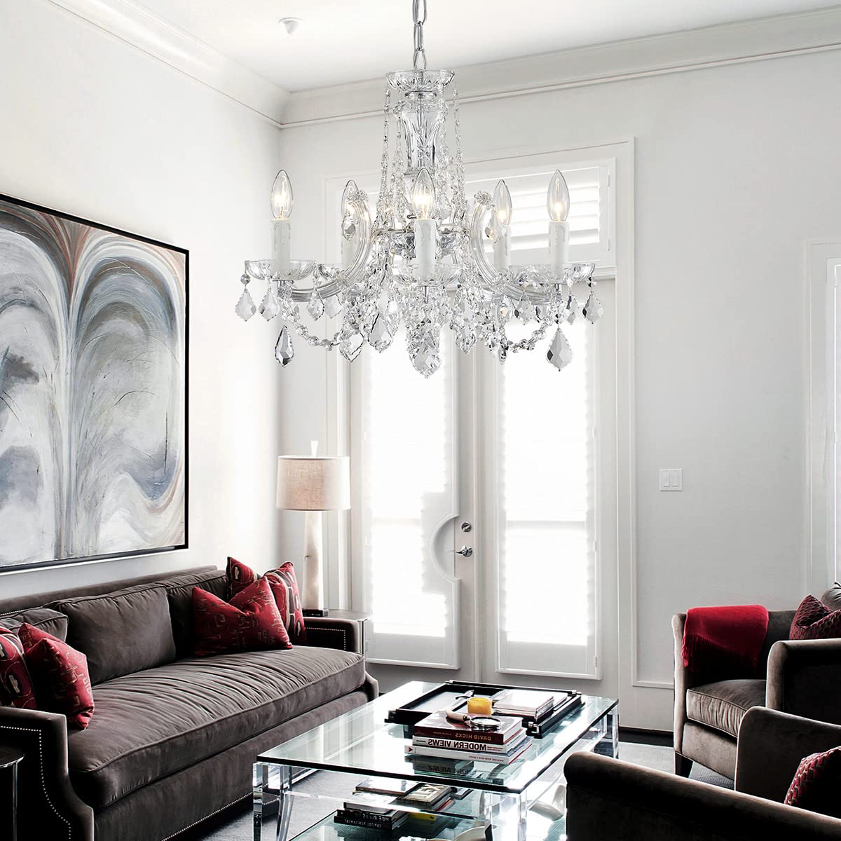 AGV LIGHTING CH001S Modern K9 Crystal Chandelier, Maria Theresa Style Light Fixture, 5-Lights, D20 x H18, Adjustable Chain 59", Chrome Finish Frame