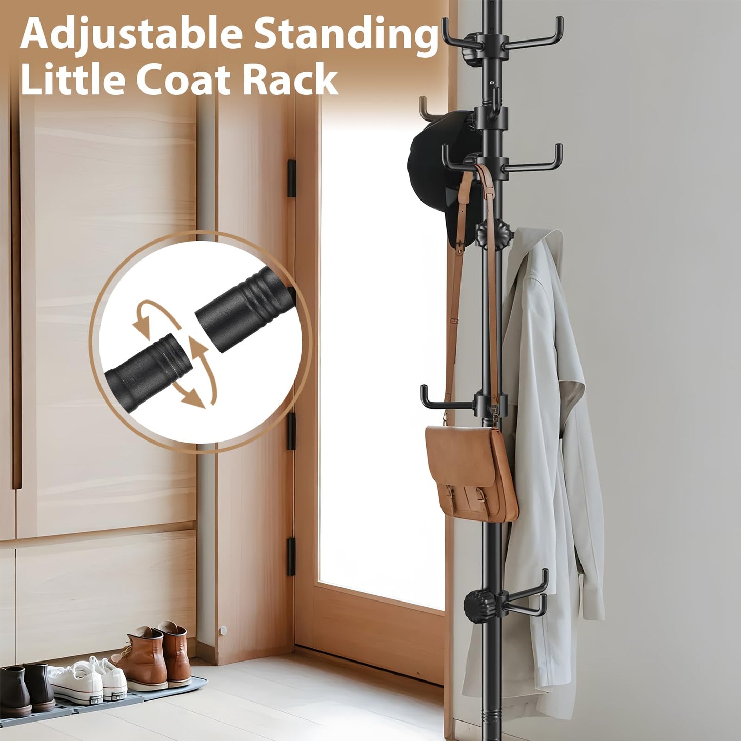 Sempicad Coat Rack Freestanding, 56 to 125 inch Adjustable Tension Rod Hanger with 12 Hooks for Hanging Coat, Plant,Jacket, Hat, Scarf, Suitable for Living Room, Balcony, Kitchen Black