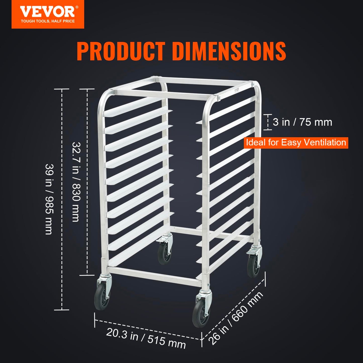 VEVOR 10-Tier Bun Pan Rack, Aluminum Racking Trolley Storage with Brake Wheels, Commercial Bakery Racks for Half & Full Sheet, Speed Rack For Kitchen Home, Bread Baking Equipment, 26"L x 20.3"W x 39"H