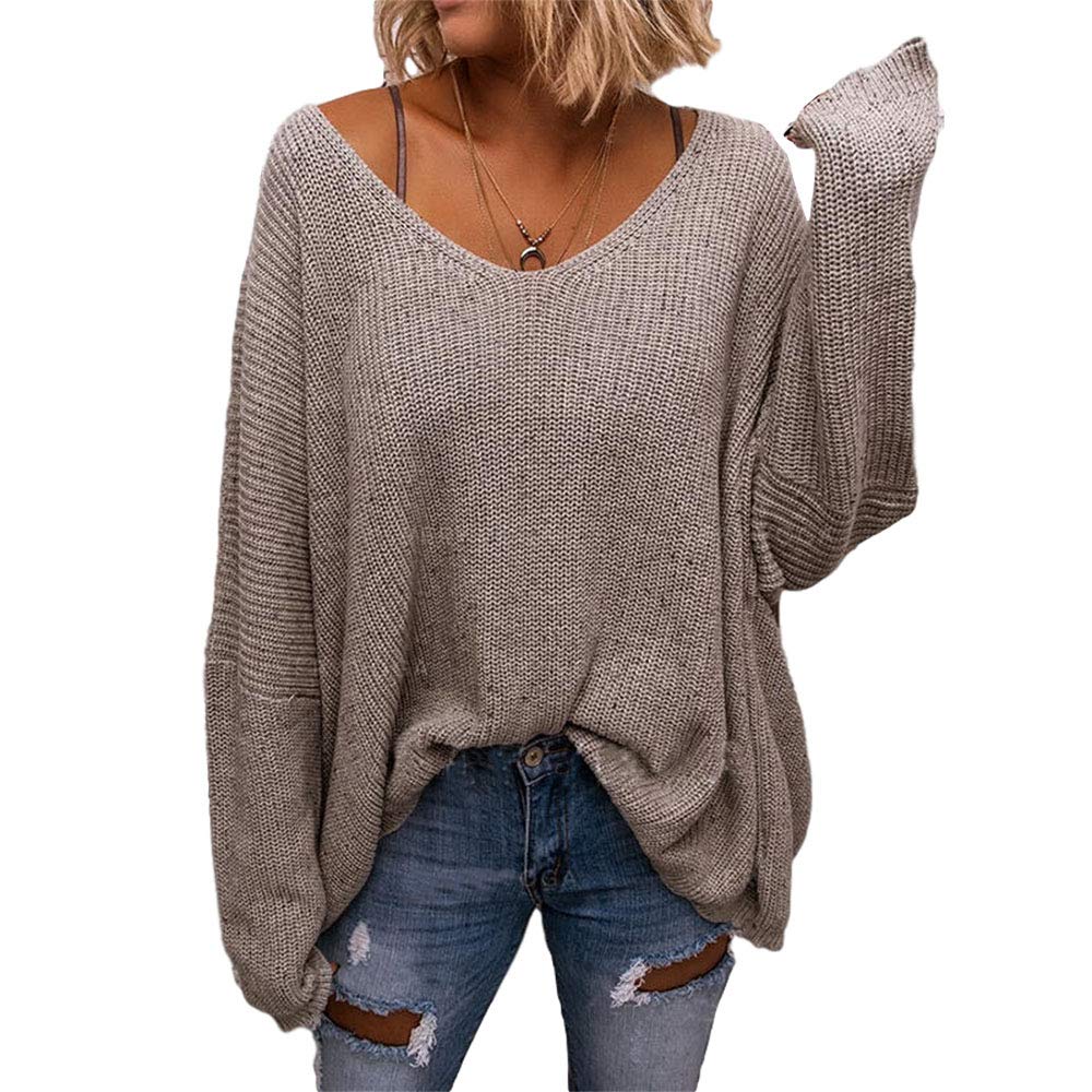 BZB Women's V Neck Long Sleeve Knit Loose Oversized Pullover Sweater Top